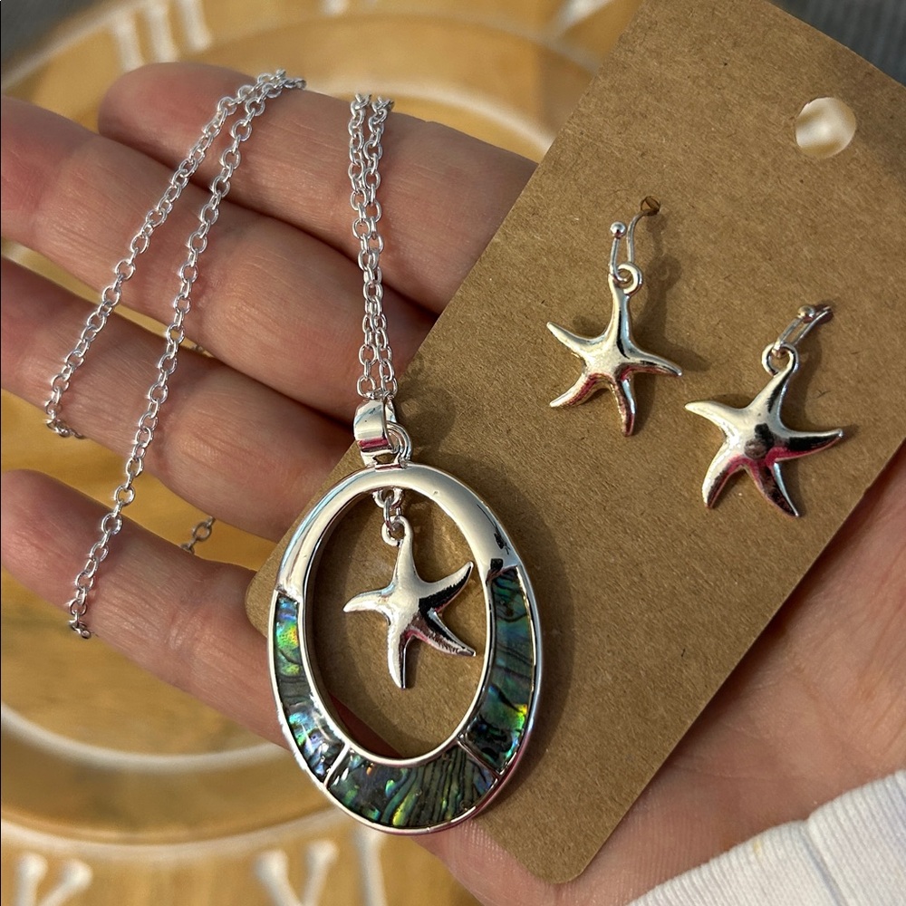 Starfish Jewelry Set necklace and earrings silvertone and abalone